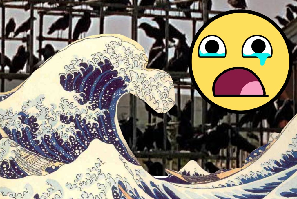 A wave crashes into the birds, as a saddened Awesomeface looks on